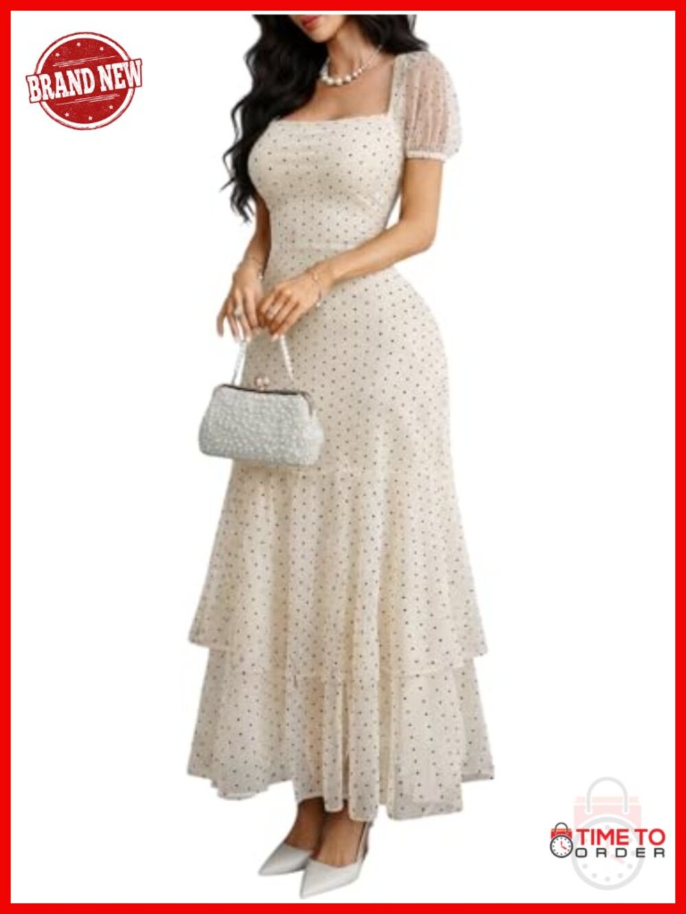 Polka Dot Square Neck High Slit Casual Dress Puff Sleeve Ruffled Hem Maxi